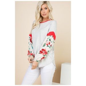 Floral Silk Balloon Sleeve Soft Grey Top!